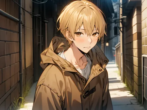 masutepiece, Best Quality, High quality, 1boy, Solo, Male Focus, Looking at Viewer, upper body ,Brown eyes, Blonde hair, parka,background is back alley