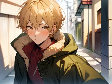 masutepiece, Best Quality, High quality, 1boy, Solo,Forcibly withdraw, Male Focus,yandere, Looking at Viewer, upper body ,Brown eyes, Blonde hair, parka,background is back alley,