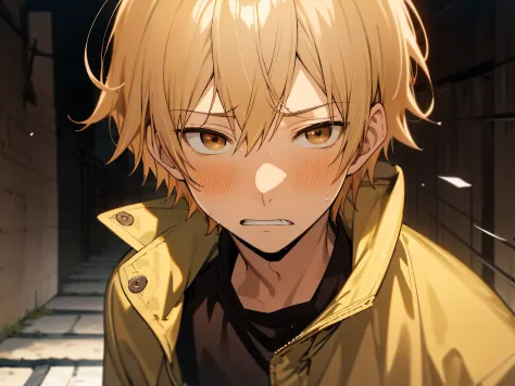masutepiece, Best Quality, High quality, 1boy, Solo,Forcibly withdraw,sharp eye,Salt face,Cold expression,Male Focus,yandere, Looking at Viewer, upper body ,Brown eyes, Blonde hair, parka,background is back alley,