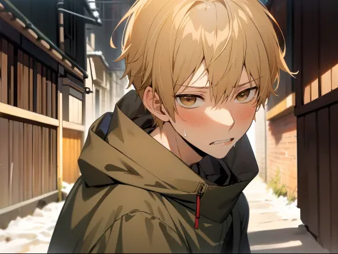 masutepiece, Best Quality, High quality, 1boy, Solo,Forcibly withdraw,sharp eye,Salt face,Cold expression,Male Focus, Looking at Viewer, upper body ,Brown eyes, Blonde hair, parka,background is back alley,