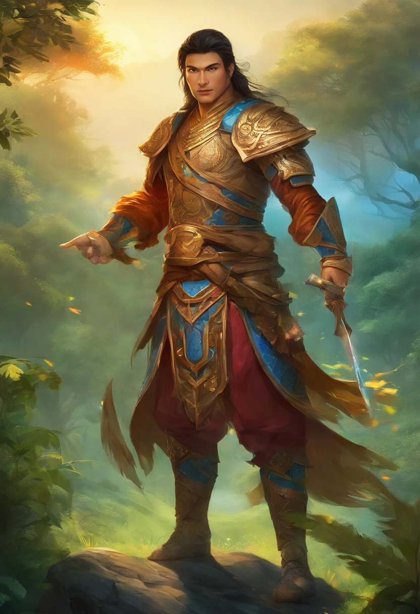 Asian Warrior Ghenghiz Khan Beautiful masculine asian man with blue and orange details, big wings, forest in the background, vibrant colors, Whole body, detailed face, Detailed hands, detailed legs, Detailed fingers, Detailed hair, detailed eyes, detailed skin, Lush vegetation Blurred background, vibrant colors, Lush light, soft light, evening light, soft light, Symmetrical, Whole body, reflections, HDR Dynamic Lighting, 8K resolution,  cinematic film, Suave, sharp focus, realist, Strobe light beams, ((blurred background)):1.7, (((depth of field)) ):1.8, CineStill 800T 35mm, high quality, heavy grain, High detail, film-like composition, dramatic light, anamorphic, ultra wide angle lens,  Hiperrealist