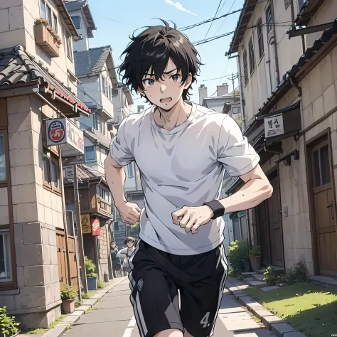 20:17:52
A young anime guy with short black hair and a white shirt running wildly in front of the house in the village (running ...