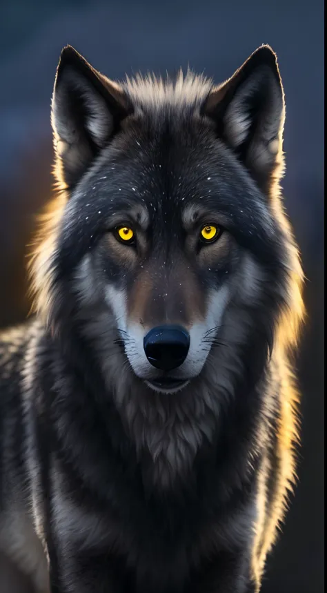 A closeup of a wolf with yellow eyes looking at the camera, Ele tem olhos de lobo amarelos, com olhos amarelos brilhantes, retrato do lobo da fantasia, foto de lobo, Lobo Negro, retrato do lobo, lobo cinzento escuro, Retrato de um lobo, lobo, alpha wolf he...