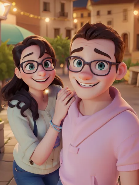 Uma imagem premiada de um casal jovem sorrindo, in a square at night, in the style of Pixar animations, soft lighting
