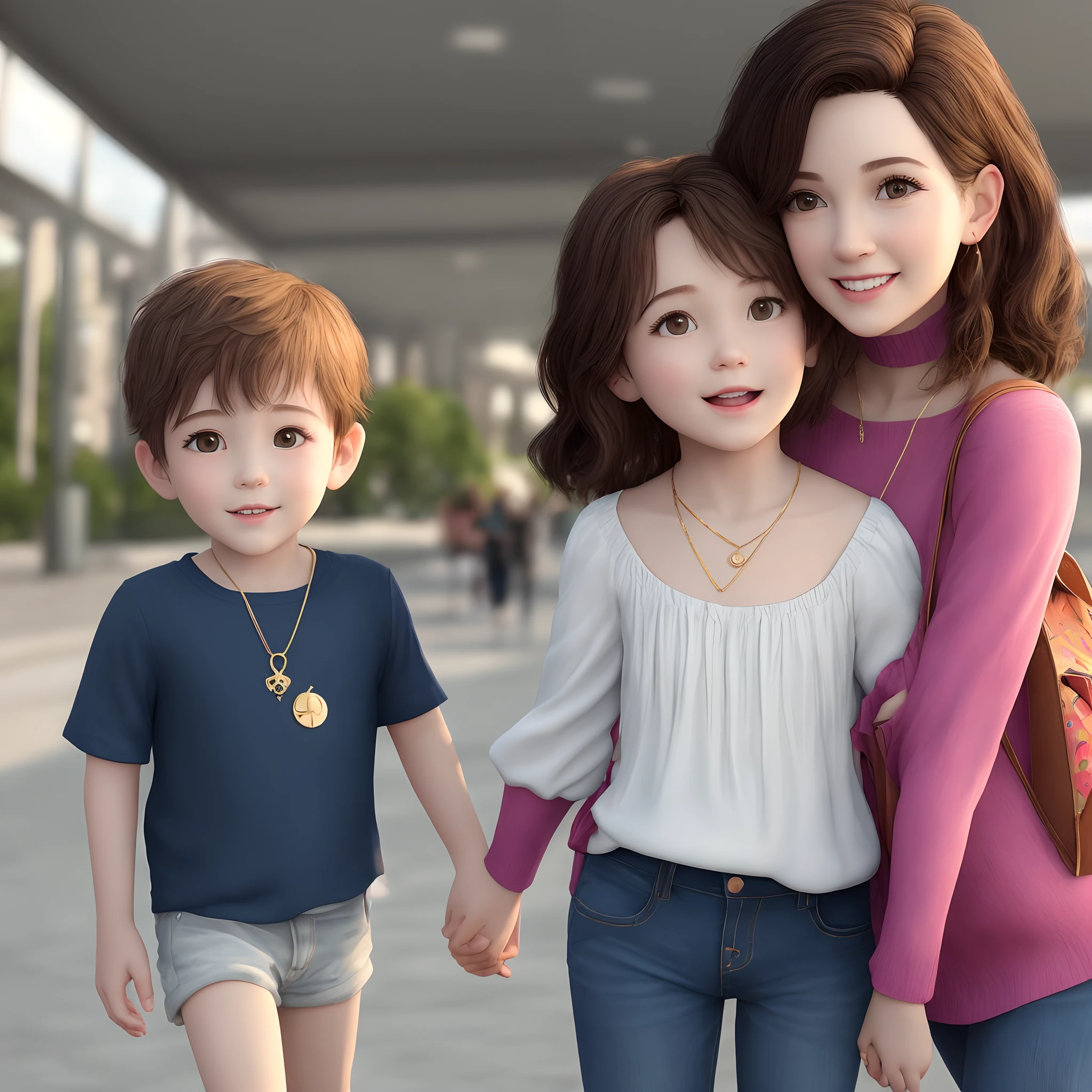 Disney animation in 3d HD Pixar model of a young and modern mother,Always accompanied by your 3-year-old son on traveling scenarios, bem parecidos, mae com cabelo preto longo e liso partido ao meio, pele morena, olhos castanho escuro, and both of them in a white blouse with jeans and the mother wearing a thin gold necklace with a boy doll pendant and seconding a watermelon bag, dark brown haired boy and Jesus hugging us