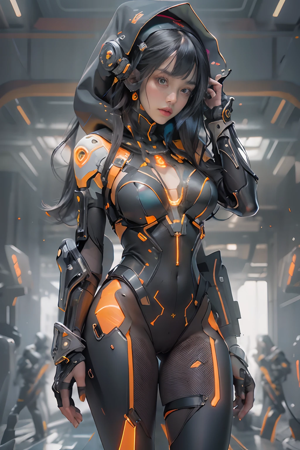 ((of the highest quality)), ((​master piece)), (detail:1.4), orange Translucent black material with mechanical parts and transparent skin, Beautiful woman in cyber bodysuit made of gray carbon material, Glowing pale with LEDs, ((Wide open chest)), Skin of the hips and thighs, Ticker (High dynamic range), Ray tracing, NVIDIA RTX, Super Resolution, Subsurface Scattering PBR Texturing, Post-processing, Anisotropy Filtering, depth of fields, Surface Shading, Accurate simulation of light/Material Interactions, perfectly proportions, Two-tone lighting, Wide aperture, Low ISO, White Balance, 8K, (((Cameltoe))), NSFW, (((Tall Woman))), 25 year old woman, Cyber headgear with dull glowing LEDs, knee high, Bulge, Puffy nipple, Dull bangs beautiful straight long hair, ((Cyber hood with dull glowing LEDs)), beautiful black straight hair, open stance, Cowboy Shot, Skin of the hips and thighs, Beautiful body, Navel visible on bare skin, Chest to feel gravity, (Huge breasts: 1.3), (gargantuan butt: 1.0), Simple and minimalistic space, Natural pose, Looking down, symmetry compositions, the golden ratio