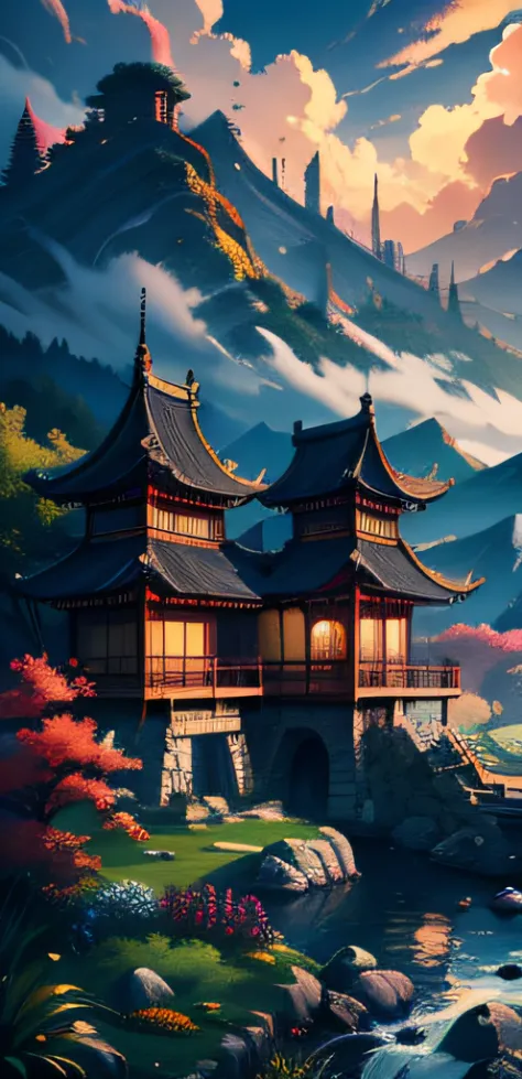 Mijony style, Chinese architecture, gardens, Mountains and rivers, Clouds (The is very detailed: 1.2)  insanely details, 4K, composition, crop, centre, symetry, Drawn, Intricate, voluminous lighting, Beautiful, A masterpiece saturated with deep colors, Sha...