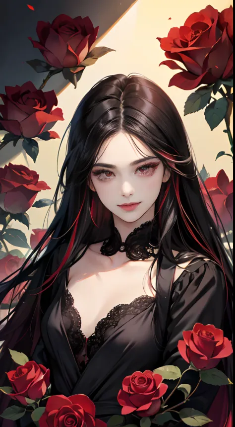 (Best Quality,4K,High resolution),Red highlights on black hair、Woman with long straight hair、sharp eye、Red Eyes、Small、Cute smile、long lashes、Red Eyeliner、Sexy red lips、Face shot、Delicately expresses realistic smooth skin texture down to the smallest detail...