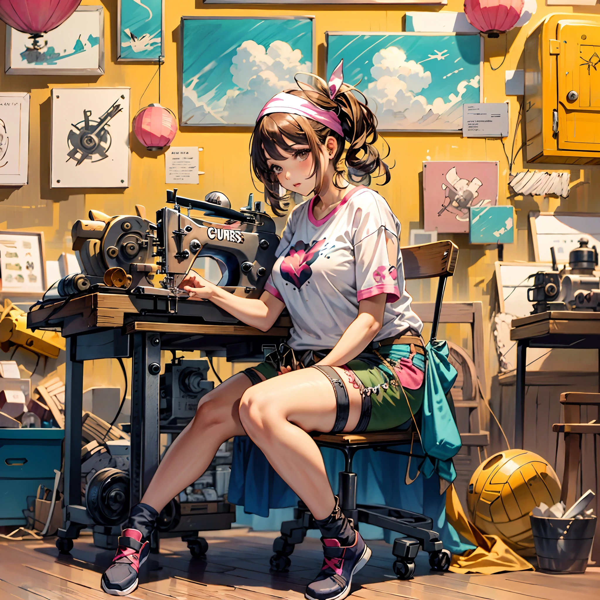 PIN UP drawing fat brunette seamstress on sewing machine, cabelos curtinho, faixa bandana , camiseta pink , shorts preto, Crocs preto, muitas bolsas,  quadro na parede escrito Bianca Pinheiro bolsas