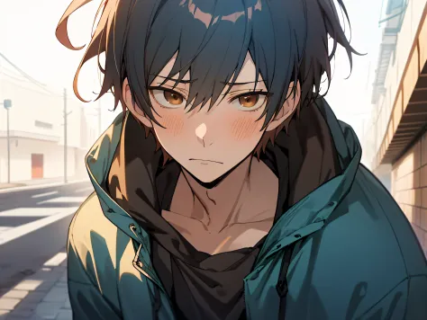 masutepiece, Best Quality, High quality, 1boy, Solo,Forcibly withdraw,yandere,eery,Cold expression,Male Focus, Looking at Viewer, upper body ,Brown eyes, Dark blue hair, parka,background is back alley,