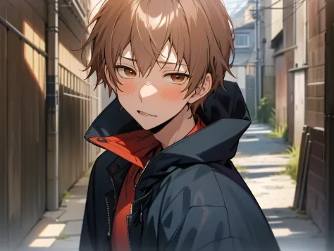 masutepiece, Best Quality, High quality, 1boy, Solo,Forcibly withdraw,yandere,eery,Male Focus, Looking at Viewer, upper body ,Brown eyes, Dark blue hair, parka,background is back alley,