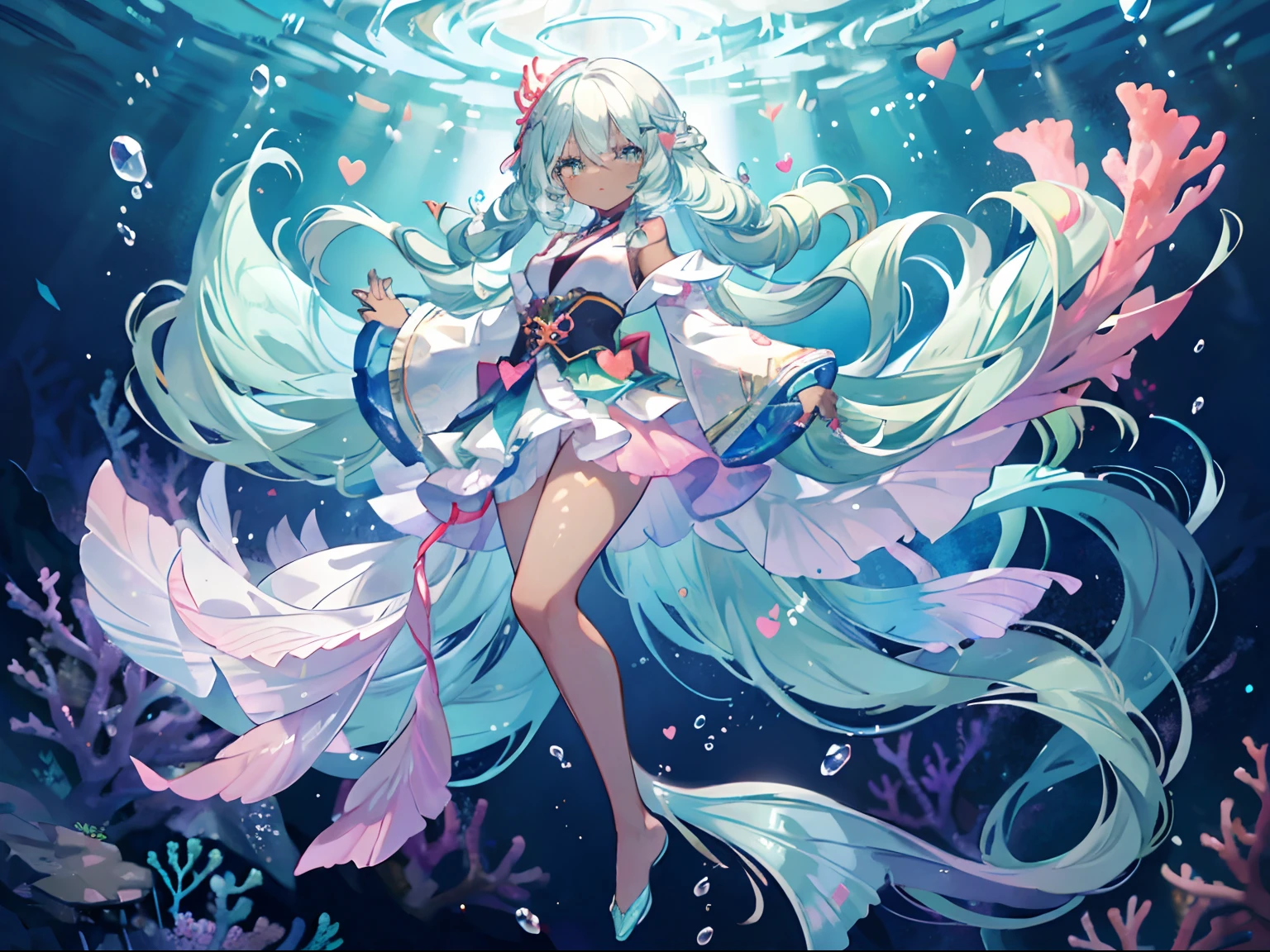 (masterpiece, best quality, sharp focus:1.25), (underwater, submerged:1.3), 1girl, (multicolored hair, gradient hair, two-tone hair, white hair, light green hair, light blue hair:1.3), (light blue-light green sparkling eyes:1.23), (coral-seastar crown:1.2), (slanted eyes, green eyeshadow, long eyelashes, white eyelashes, lips:1.1), (pastel green mermaid scales, mermaid fin:1.2), (((posing for viewer, full body shot))), (scenery, pastel coral, coral reefs, bubbles, seaweed, fish, glitter, hearts:1.2) add_detail:0.5, add_detail:1, add_detail:1, add_detail:0, add_detail:2, InkAnime, RETRO ART STYLE, NEON_POP ART STYLE, ART STYLE, kahuka1, COLORFULMIX, MULTICOLORED HAIR, WAVY HAIR, (Korean webtoon girl, big eyes, ombre lipstick, cute face, oval face), mksks, ((Kawaii, cute, pretty, anime, pastel)), kawaiitech, pastel colors, kawaii, cute colors, best quality, symbol-shaped pupils, long hair, fluffy bangs, unique hair style, hair clips, long hair tie, ((masterpiece)), feminine, hair, dark-skinned, black girl, person of color, bright eyes, cute expression, anime, golden ratio, intricate detail, 8k post production, high resolution, sharp focus, intricate detail, highly detailed, anime, black girl, dark skin color, dark skin, brown skin, close up, detailed face