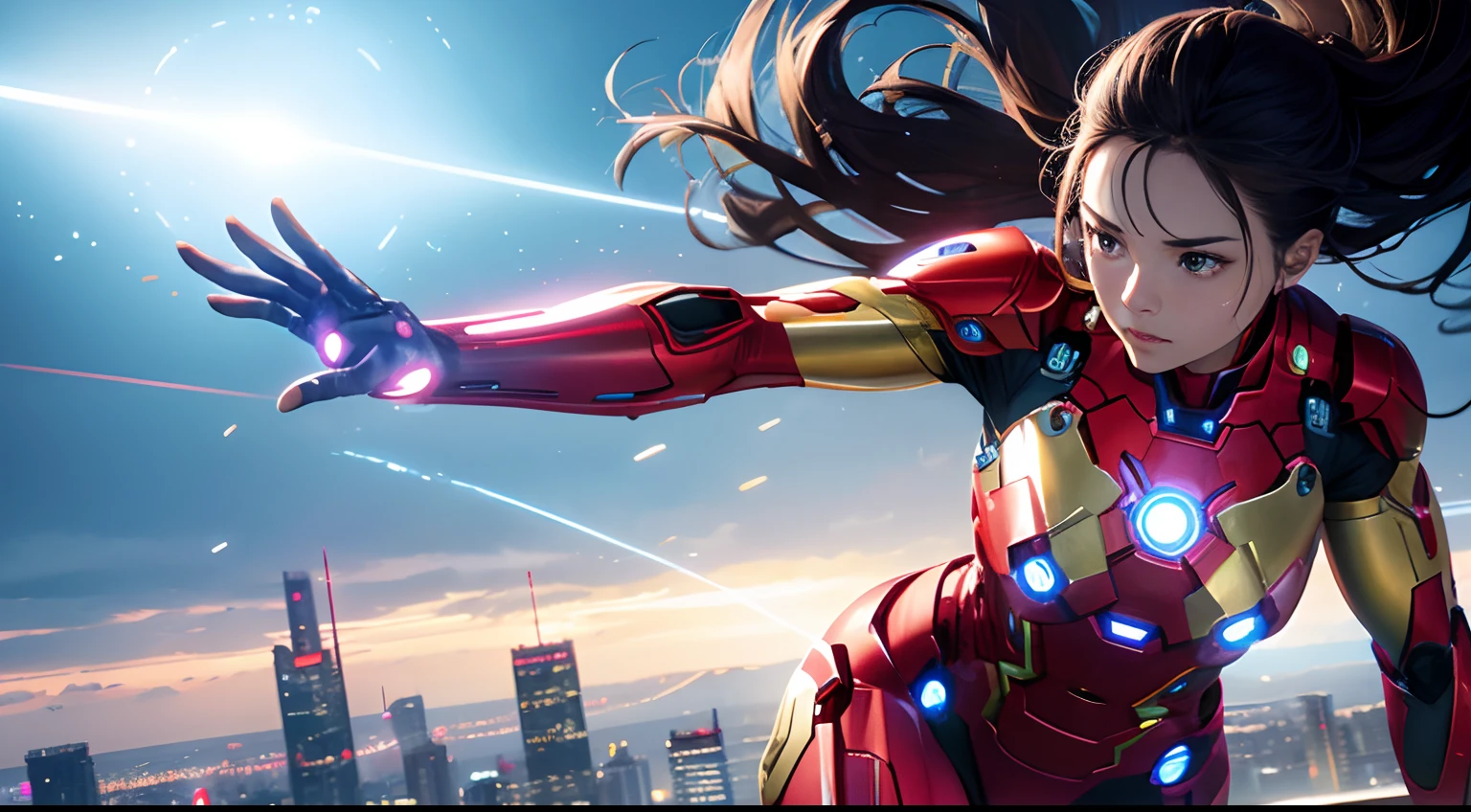 AI assistant Stella as an Iron man,realistic,photorealistic,highres,ultra-detailed,extremely detailed eyes and face,strong,confident,body suit with red and gold colors,arc reactor on the chest,glowing repulsors on the palms,perfectly sculpted muscles,advanced technology,city skyline in the background,flying in the air,striking a heroic pose,powerful energy beams shooting from the hands,captivating viewers with her graceful movement and awe-inspiring presence,sci-fi,concept artists,vivid colors,dramatic lighting.