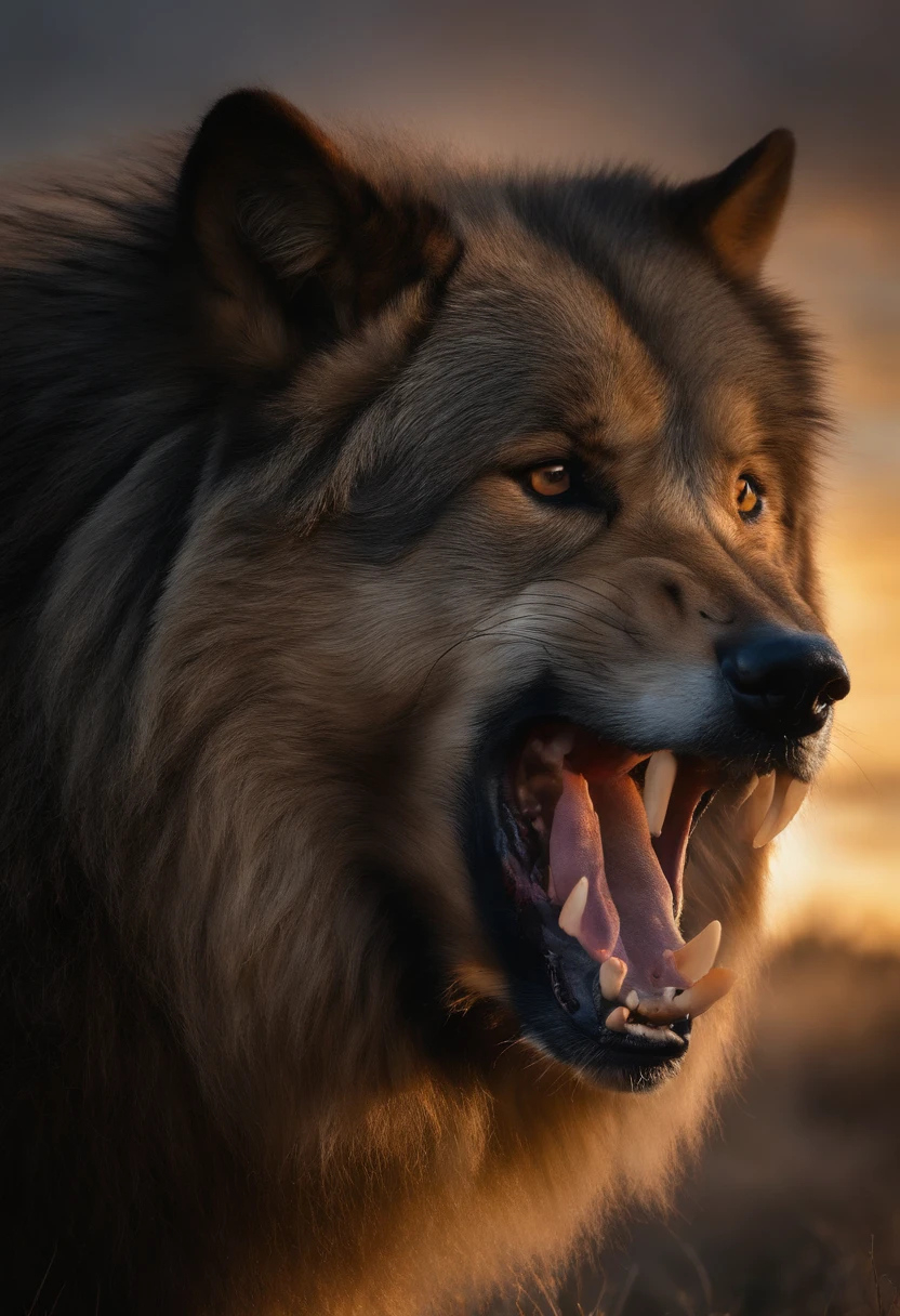 A close up of a wolf with its mouth open and its mouth wide open - SeaArt AI