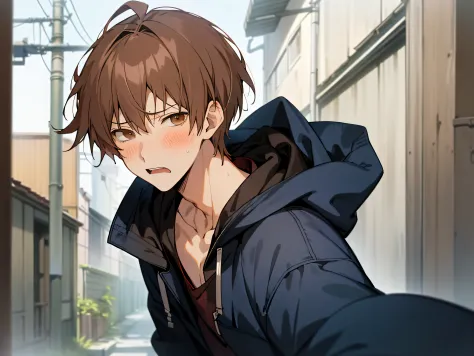 masutepiece, Best Quality, High quality, 1boy, ((Solo,Forcibly withdraw)),yandere,eery,Cold expression,Male Focus, Looking at Viewer, upper body ,Brown eyes, Dark blue hair, parka,background is back alley,