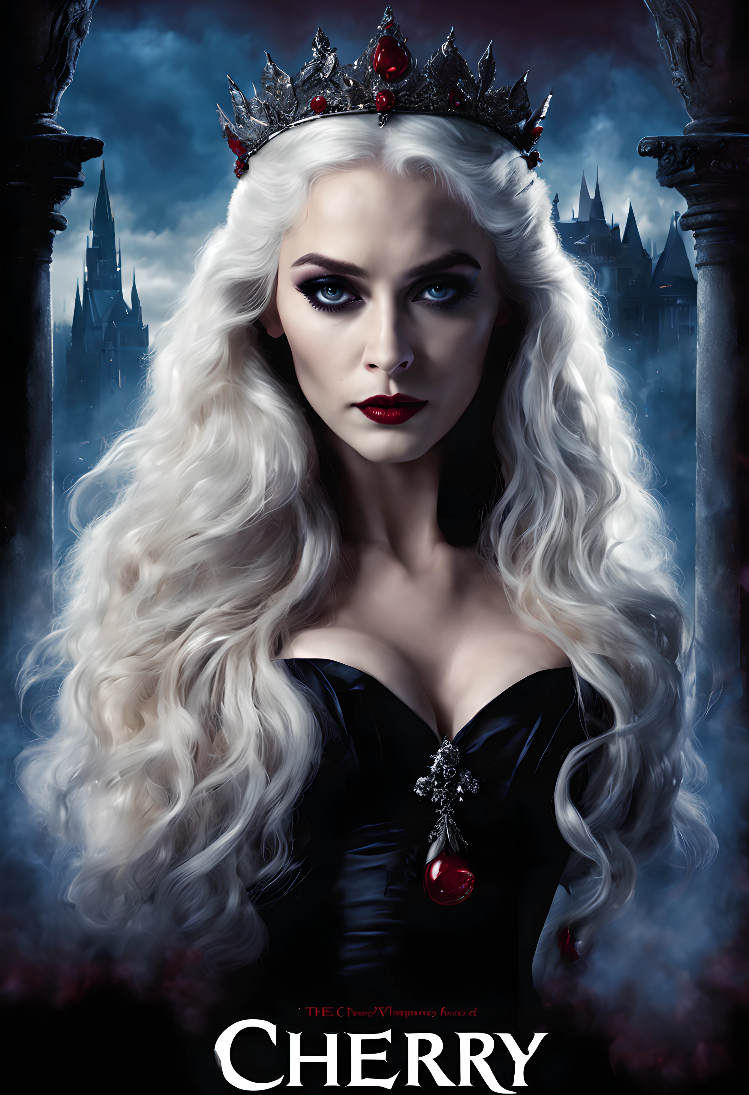 visually appealing poster of a movie with the (written title "Cherry"), captivating composition, the poster should evoke a sense of romance and allure, reflecting the vampire queen's seductive nature, blue eyes should be prominently displayed drawing attention and creating a striking visual impact, long white hair should be flowing and elegant adding to her ethereal charm, wearing an elegant tiara emphasizing her regal status and adding a touch of sophistication, the presence of bats in the background enhances the vampire theme and creates an atmospheric and mysterious ambiance