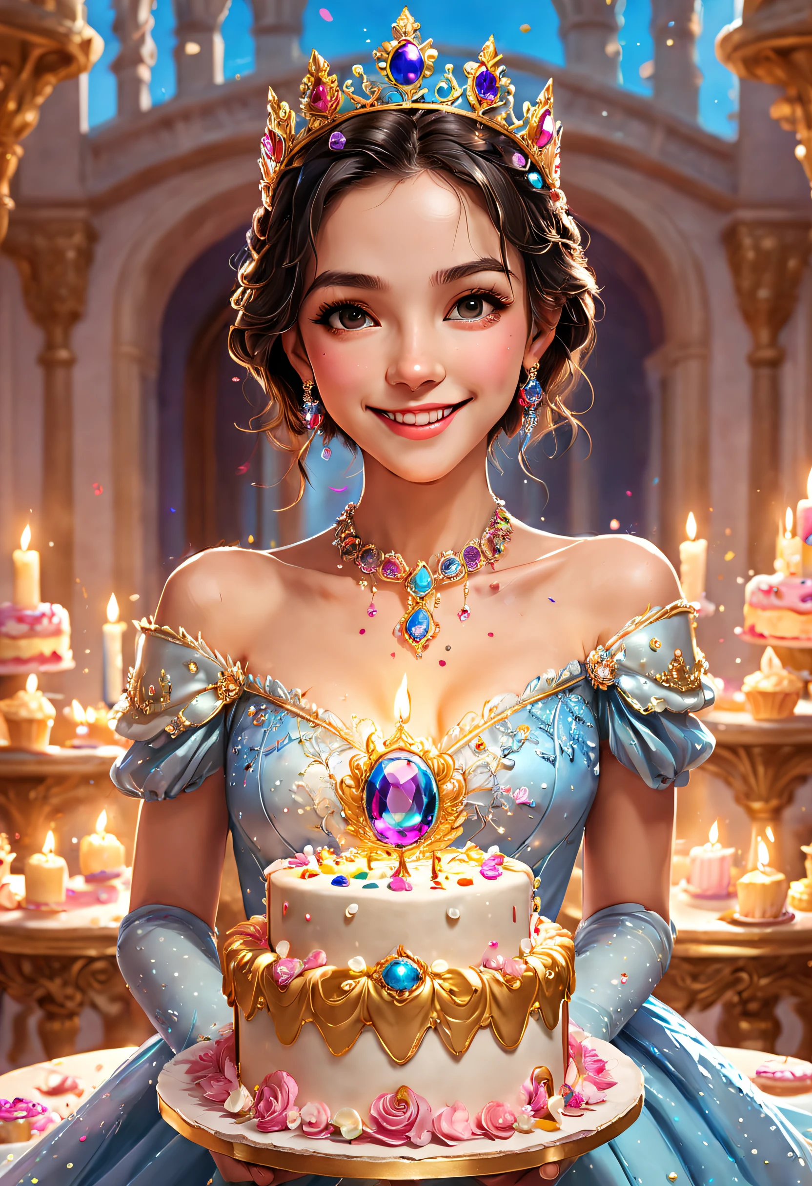 精美的 8K 超高清专业照片, 清晰聚焦, 在一个令人惊叹的幻想世界中, 戴着王冠的美丽公主，生日蛋糕上镶满了宝石, 开心的微笑, 在一座豪华的宫殿里，一个巨大的蛋糕，上面有蜡烛和五彩纸屑, 巨大的生日蛋糕, 上面镶着闪闪发光的宝石