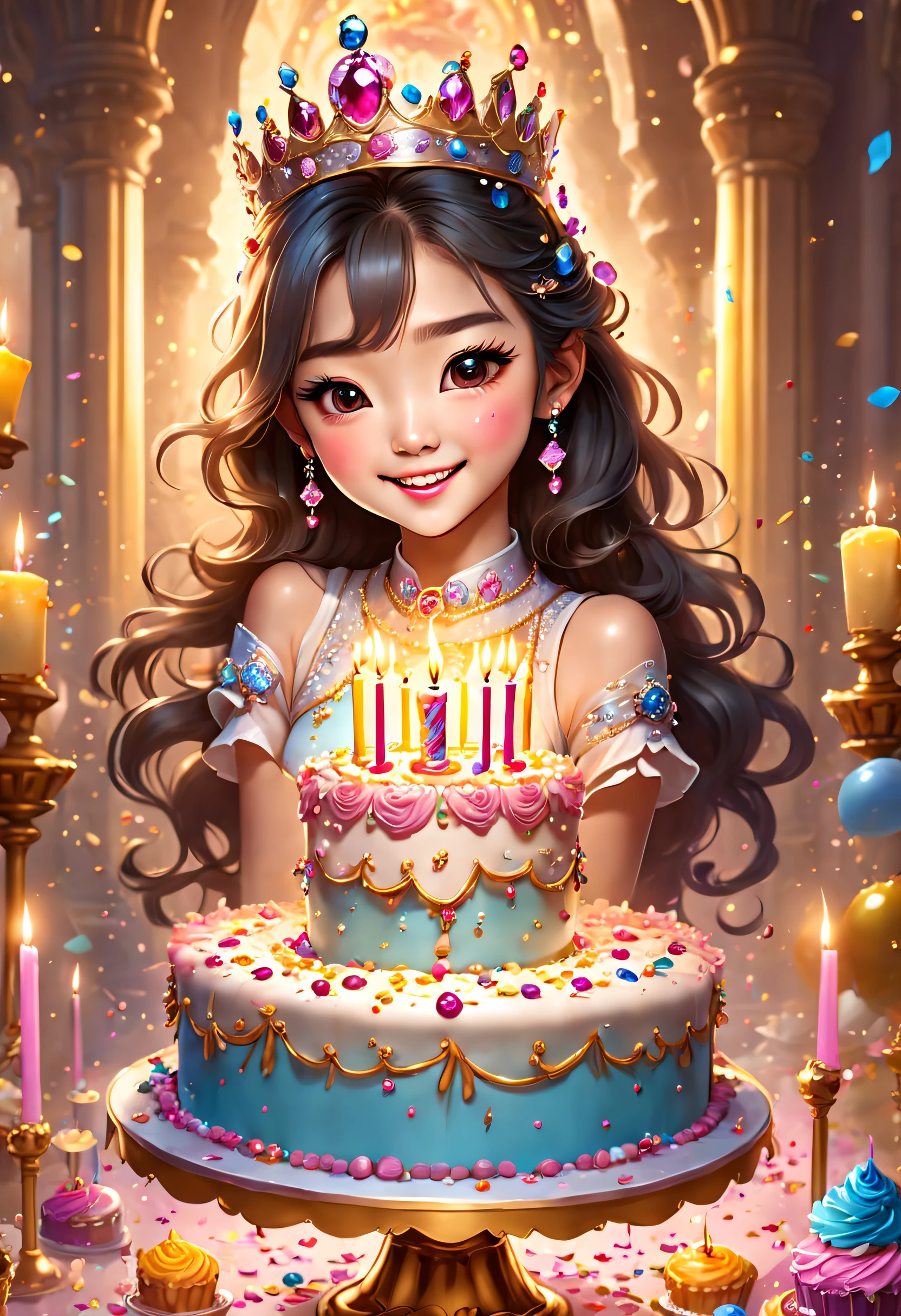 Beautiful 8K Ultra HD professional photos, Sharp focus, In a stunning fantasy world, Beautiful Korean teenage girl wearing a crown，Birthday cake filled with gems, A joyful smile, In a luxurious palace，A huge cake，It has candles and confetti on it, Huge birthday cake, with sparkling gems on top