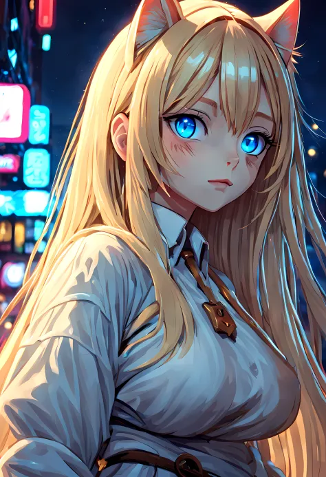 (best quality, masterpiece:1.2),(highres:1.2),ultra-detailed, a girl, Urban Neon Glow, Dreamy Cat-Eared Blonde, Night's Mysterio...