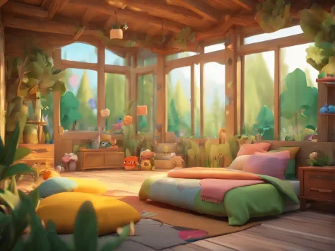 Scenery, forest interior, children's book illustration style, simple, cute, no animals, Pixar style.