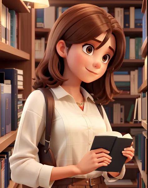 a 30-year-old girl, brown hair long bob, parada na frente, illuminated by the light of a lamp, contra o pano de fundo de uma biblioteca