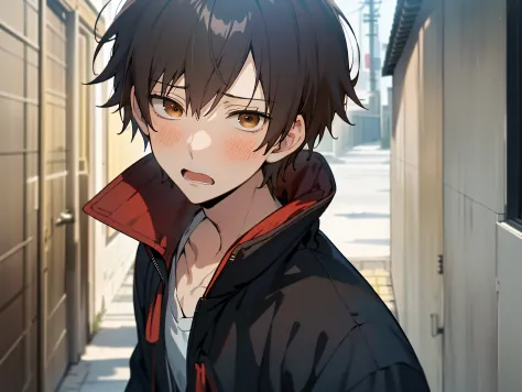 masutepiece, Best Quality, High quality, 1boy, Solo((,Forcibly withdraw)),yandere,eery,Cold expression,Male Focus, Looking at Viewer, upper body ,Brown eyes, Dark blue hair, parka,The background is on a back street,
