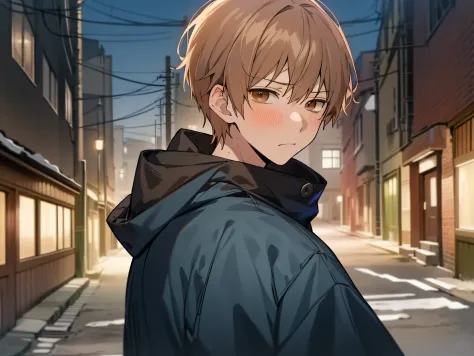 masutepiece, Best Quality, High quality, 1boy, ((Solo,Forcibly withdraw)),yandere,ruthless look,eery,Cold expression,Male Focus, Looking at Viewer, upper body ,Brown eyes, Dark blue hair, parka,The background is on a back street,