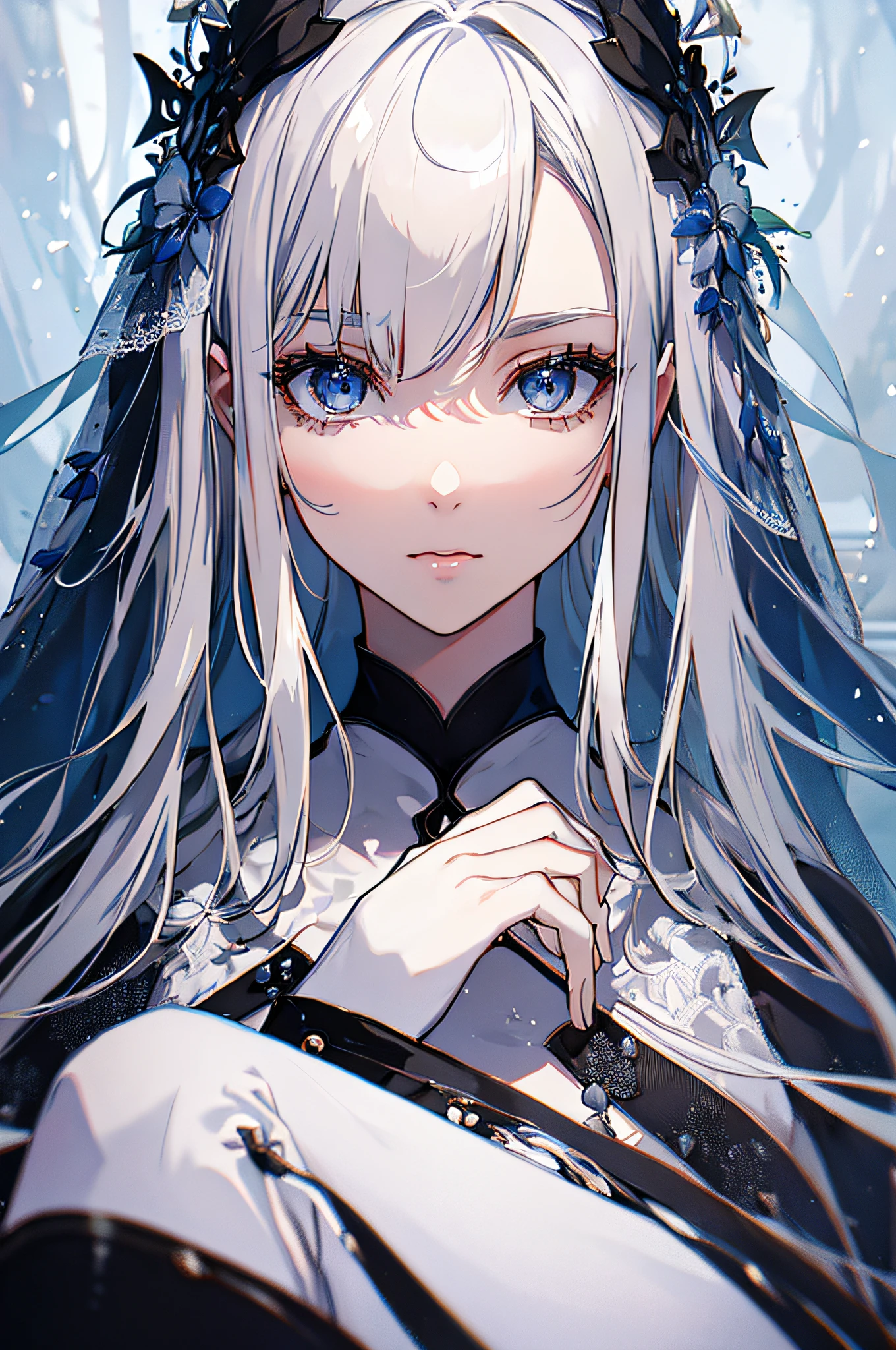 best quality,ultra-detailed,white hair,gloves,portrait,soft lighting,delicate details,realistic skin texture,subtle smile,vibrant colors,fine brushstrokes,luminous background,ethereal atmosphere,impeccable makeup,graceful pose,gentle personality,sleek design,high fashion,classic elegance,subtle patterns,textured fabric,dark background,contrast,contrast,contrast,meticulous attention to detail,neutral color palette,dreamy vibe,sublime beauty,sophisticated style,subdued lighting,artistically composed,graceful movement,pure and refined aesthetics,high-class allure,emblem of sophistication,sublime charm,timeless elegance,radiant presence,exquisite craftsmanship,soft and ethereal imagery,sensual and mysterious,white lace veil,majestic and alluring silhouette,intense gaze.