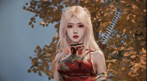 there is a woman with a sword and a red dress, korean mmo, close up character, female character, ornate korean polearm behind he...