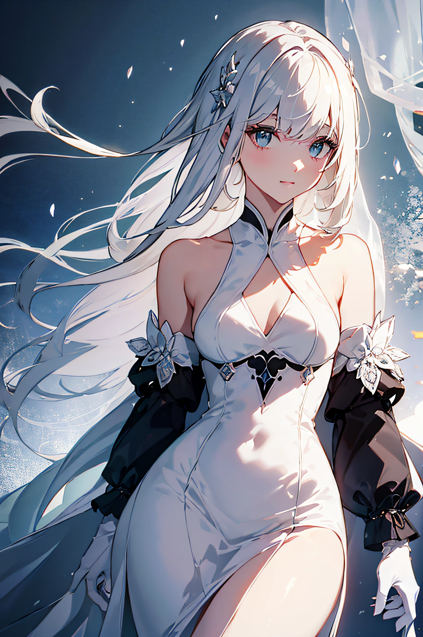 best quality,ultra-detailed,white hair,gloves,portrait,soft lighting,delicate details,realistic skin texture,subtle smile,vibrant colors,fine brushstrokes,luminous background,ethereal atmosphere,impeccable makeup,graceful pose,gentle personality,sleek design,high fashion,classic elegance,subtle patterns,textured fabric,dark background,contrast,contrast,contrast,meticulous attention to detail,neutral color palette,dreamy vibe,sublime beauty,sophisticated style,subdued lighting,artistically composed,graceful movement,pure and refined aesthetics,high-class allure,emblem of sophistication,sublime charm,timeless elegance,radiant presence,exquisite craftsmanship,soft and ethereal imagery,sensual and mysterious,white lace veil,majestic and alluring silhouette,intense gaze.