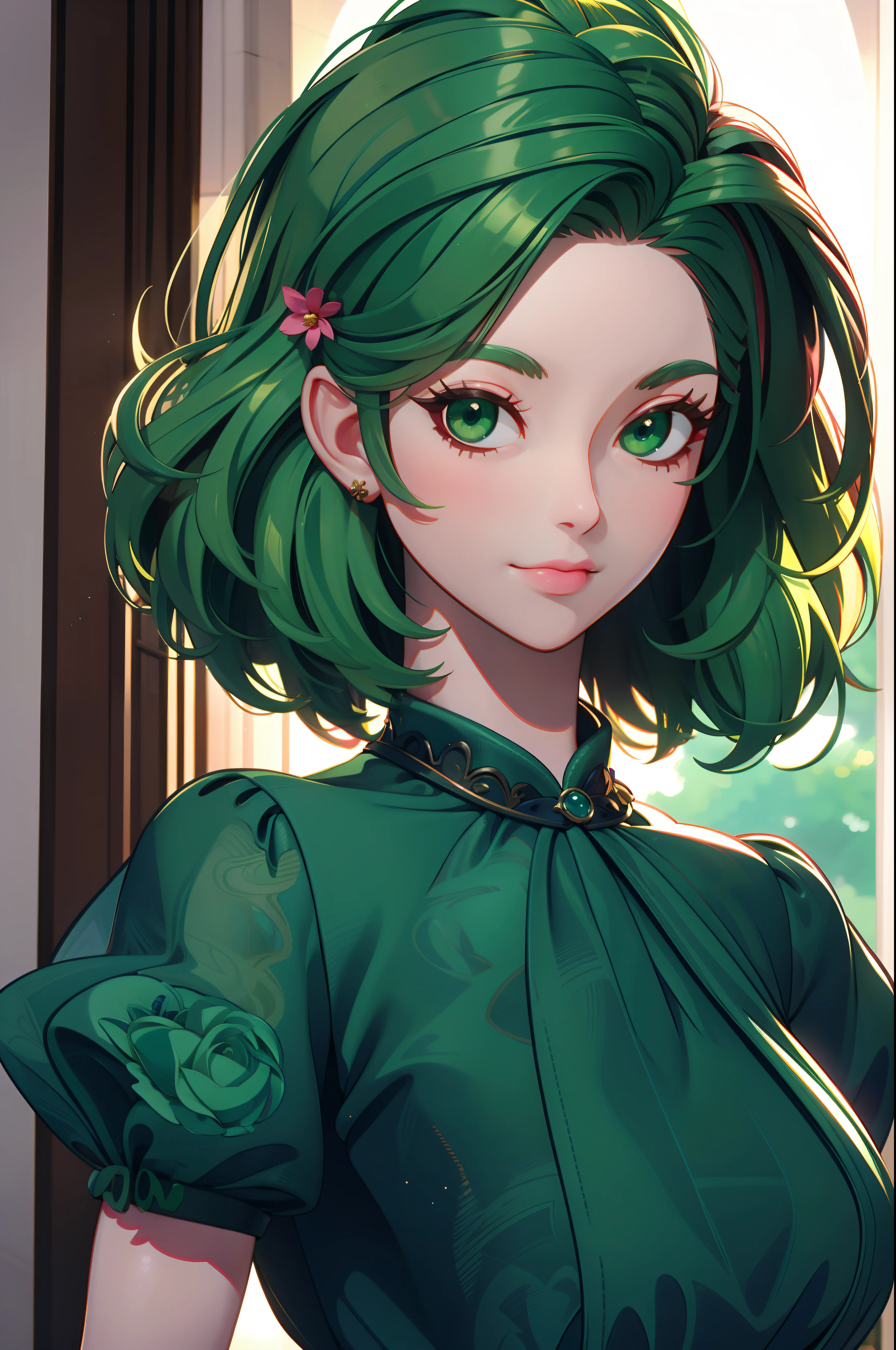 3dmm style, (masterpiece, best quality), intricate details, 1girl, solo, green hair, flower hair clip, green dress, looking at viewer,