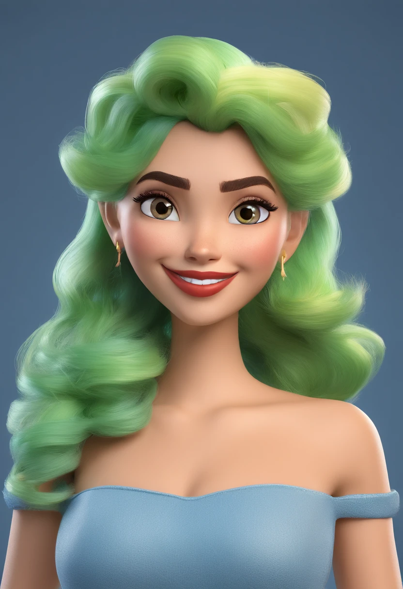 A close up of a cartoon girl with green hair and a blue dress - SeaArt AI