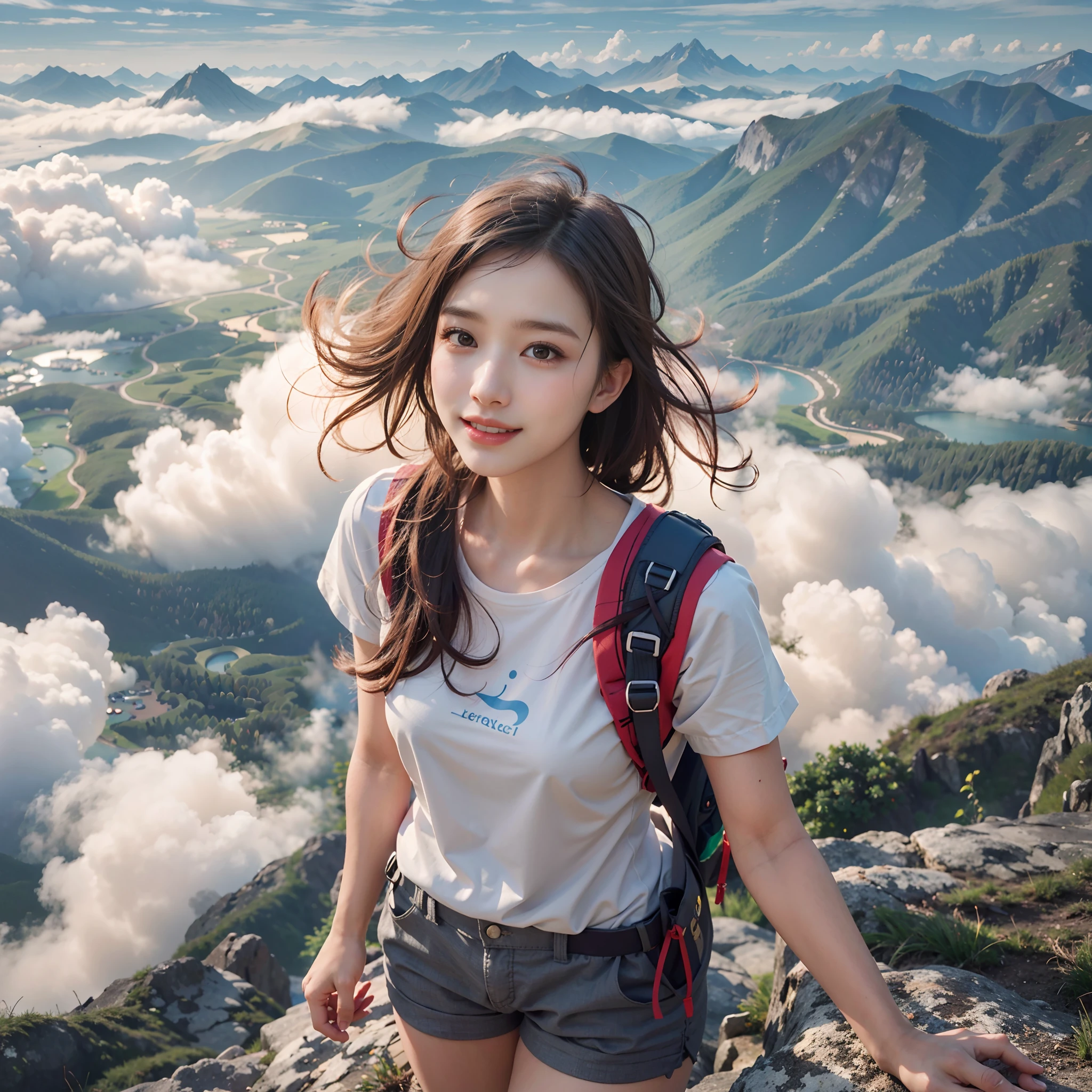 (Best Quality, hyper realistic photography), Magnificent mountain, sea of clouds, Woman watching sunset, selfee, ((Upper body)), white t-shirts, Trekking Shorts, trekking boots, rucksack,  (ultra-delicate face, Super Beautiful Maid, Super delicate eyes, Ultra-detailed nose, Ultra detailed mouth, Ultra-detailed facial features), Beautie, 18year old, Smiling happily