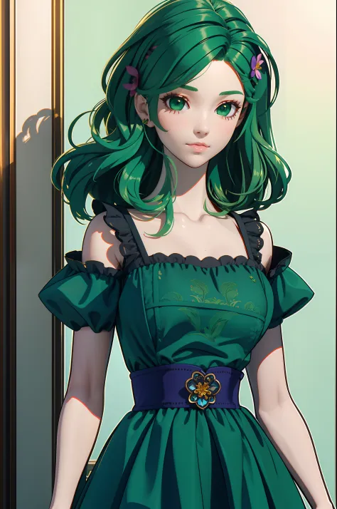 3dmm style, (masterpiece, best quality), intricate details, 1girl, solo, green hair, flower hair clip, green dress, looking at v...