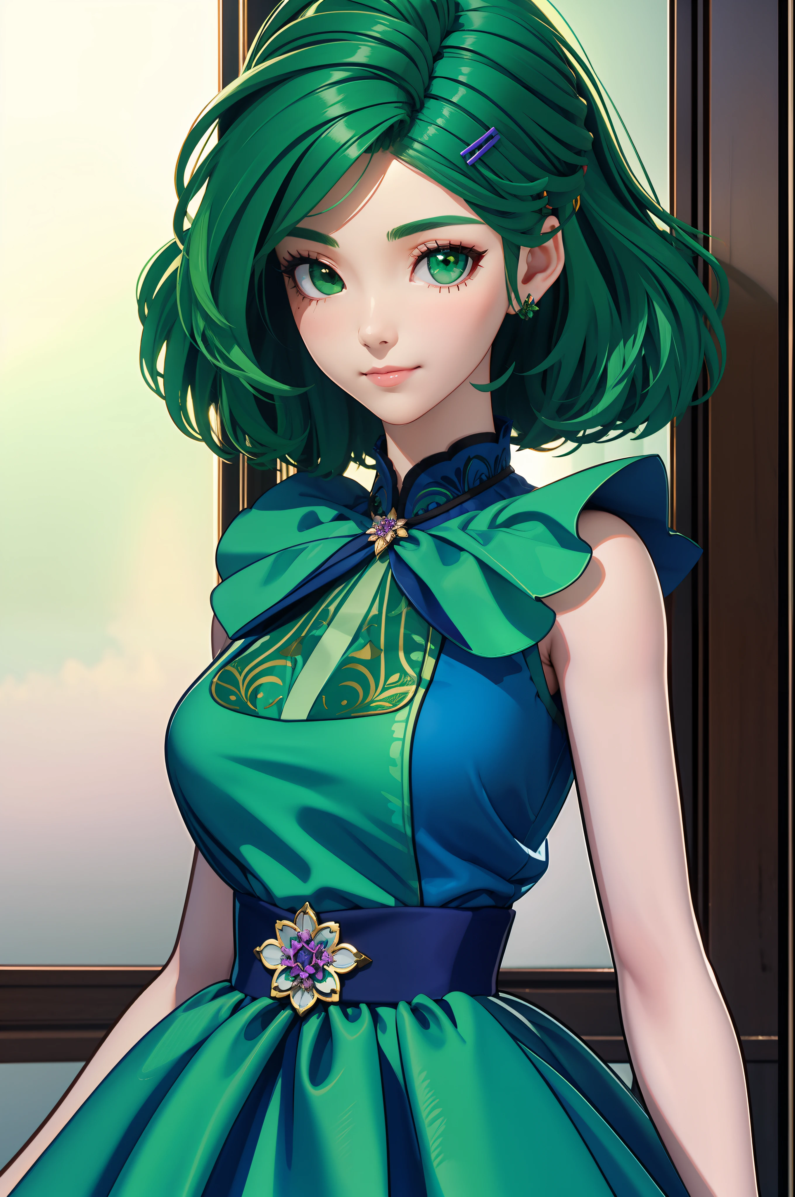 3dmm style, (masterpiece, best quality), intricate details, 1girl, solo, green hair, flower hair clip, green dress, looking at viewer,