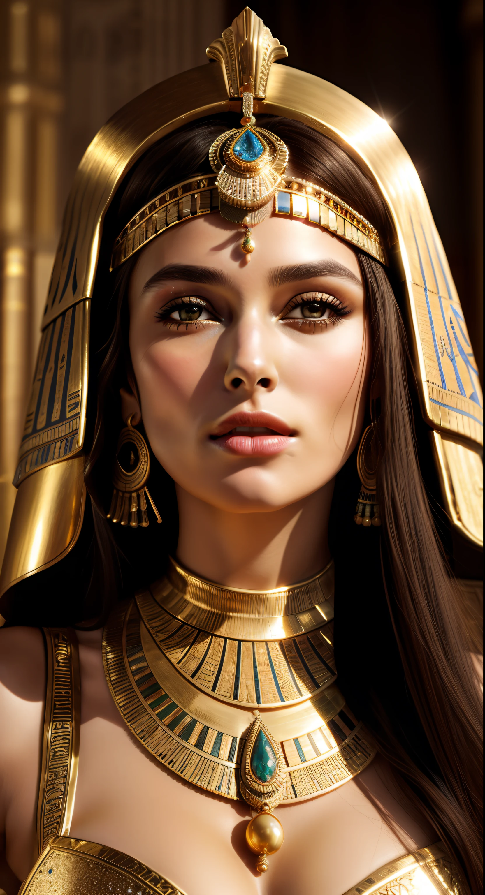 Cinematic portrait, professional cinematography, a close up of a woman in a gold outfit with an egyptian mask, beautiful cleopatra, insane details, egyptian princess, cinematic goddess close shot, cleopatra, extremely beautiful lady, cinematic goddess body shot, cleopatra portrait, goddess, stunning beauty, extremely high detail, egyptian, cleopatra in her palace, cinematic goddess shot, egyptian style, extremely detailed goddess shot, beautiful goddess, Keira Knightley as egyptian, Keira Knightley gorgeous and beautiful pharaoh, portrait of cleopatra, uhd, 8k, 32k, sharp, intricate, highly detailed, detailed Beauty,hdr, cinematic vision, flawless picture,