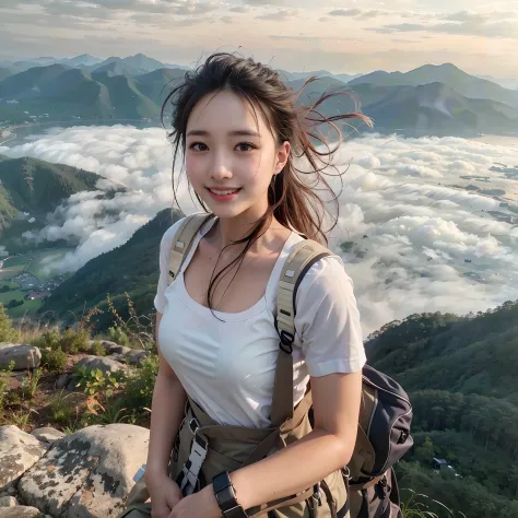 (Best Quality, hyper realistic photography), Magnificent mountain, sea of clouds, Woman watching sunset, selfee, ((Upper body)), white t-shirts, Trekking Shorts, trekking boots, rucksack,  (ultra-delicate face, Super Beautiful Maid, Super delicate eyes, Ul...