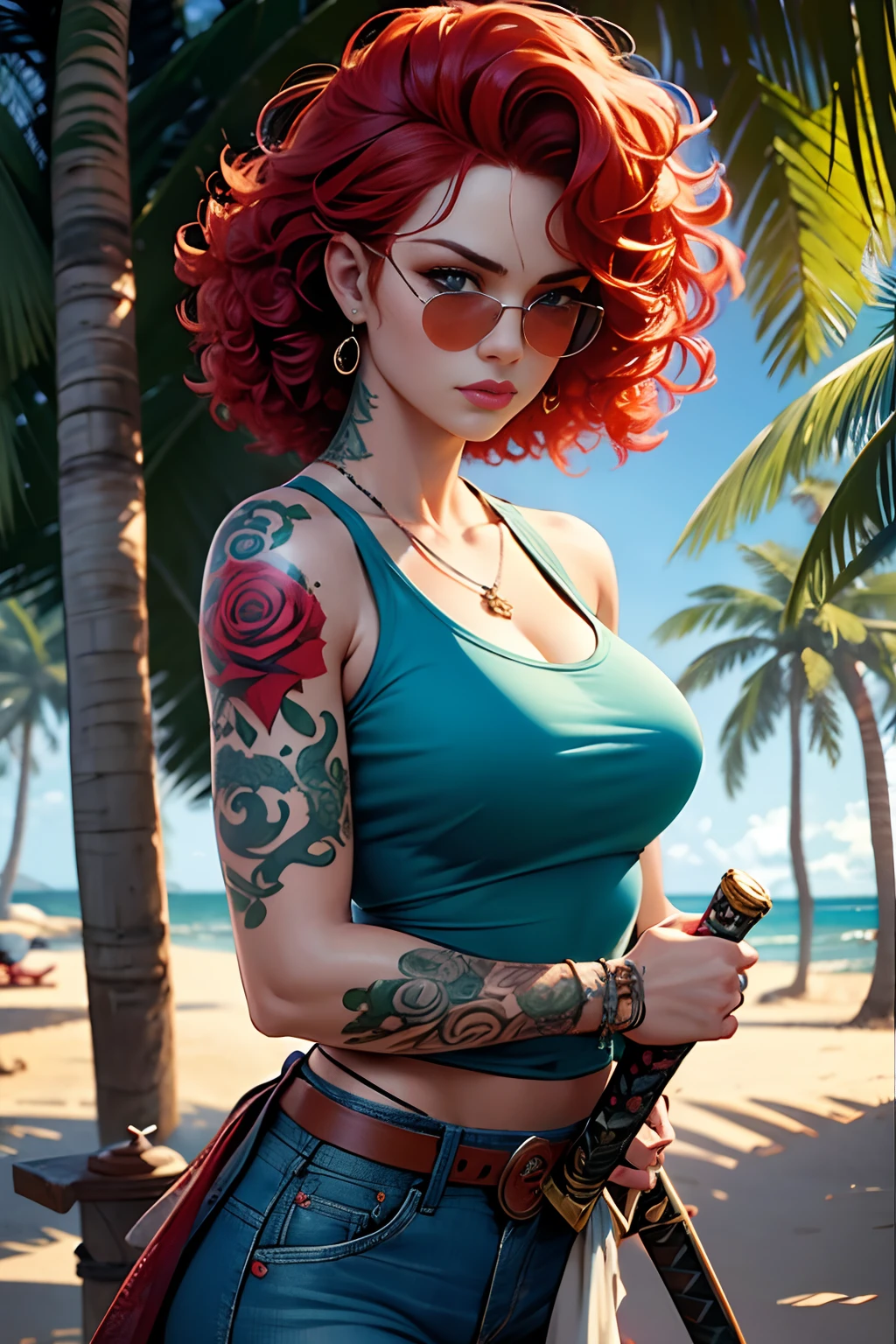 Fille rousse aux cheveux bouclés et tatouages roses sur les épaules et les avant-bras, porter un haut bleu et un jean, des lunettes de soleil, porter un katana. Elle a un œil de chaque couleur: Vert dans la lumière, bleu à gauche. sorcière/Style vestimentaire celtique, au Brésil. La scène doit être dans le style réel distinct de Cinematic, Concentrez-vous sur les expressions des personnages, Noyaux, Textures naturelles et détaillées caractéristiques des animations.