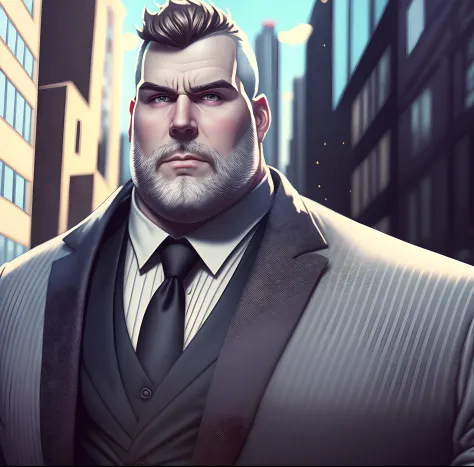 Pixar style fat 35 year old white man bald beard and suit with a background of buildings