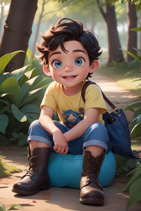 A Jornada dos Pequenos Exploradores: a happy little boy sitting on the floor, na floresta, com uma pequena mochila azul nas costas, blusa amarela, bermuda preta, bota de trilha azul