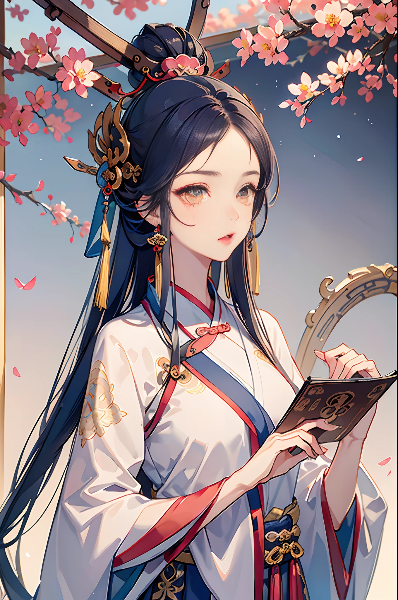 Masterpiece, Professional lighting, photon maping, Radio City, Physically-based rendering,1girll, absurderes, A high resolution, skylines, Beautiful detailed sky, Covered ,(Hanfu, Ming style,full bodyesbian),Yellow eyes,