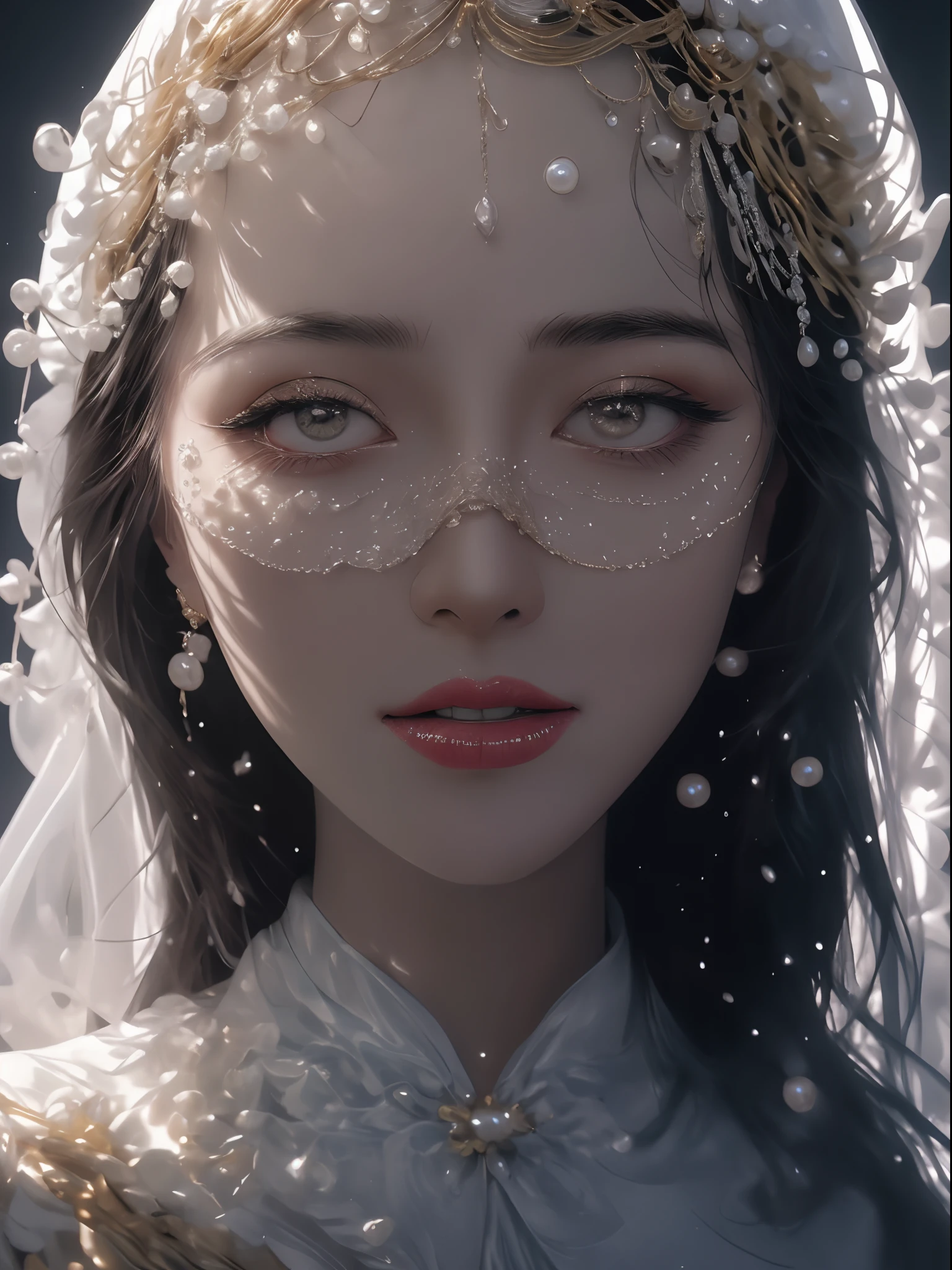 a close up of a woman wearing a white pearl veil and a gold head piece, stunning digital illustration, 4k highly detailed digital art, beautiful digital artwork, arabian beauty, beautiful digital illustration, 8k stunning artwork, 8k high quality detailed art, intricate wlop, detailed beauty portrait, arabian princess, detailed beautiful portrait, beautiful art uhd 4 k