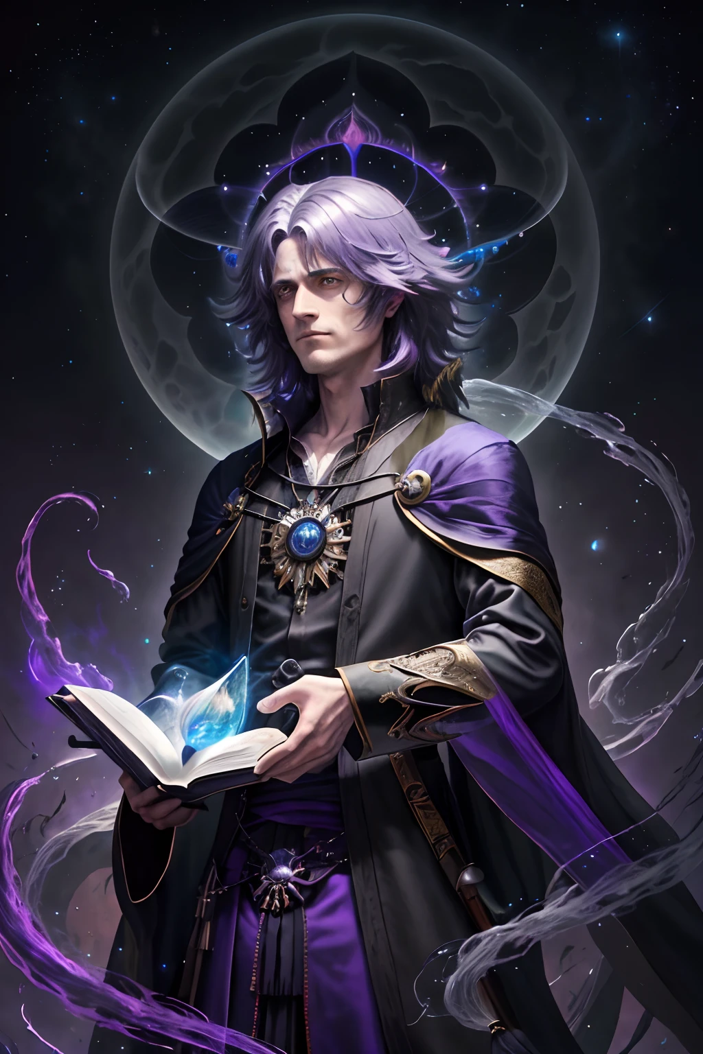 master part,best quality, Isaac Newton, 1homem, fantasia, Mage with grimoire,(magia:1.2), (cabelos brancos), Longe hair, Cabelos Longos, Wearing a tunic with the colors black and purple, empunhando uma espada, disco Rigido