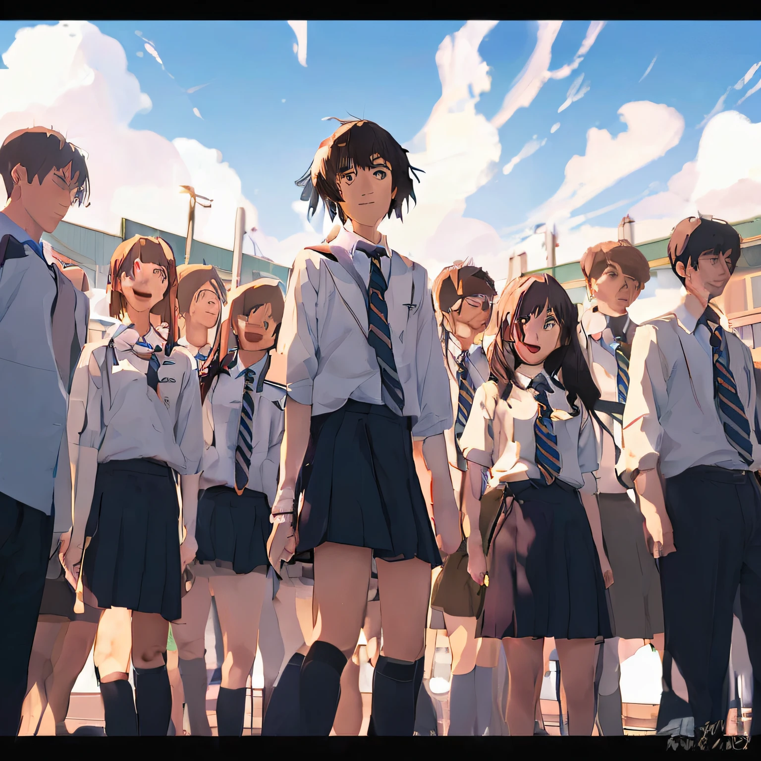 Anime characters in school uniforms standing in a row, ( ( Makoto Shinkai ) ), in the style of makoto shinkai, in style of kyoto animation, Makoto Shinkai's style, makoto shinkai movie, Shinkai Makoto style, Shinkai sincerely, your name movie style, makoto shinkai art style, Makoto Shinkai!