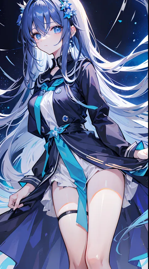 Light black-blue emanates，The hair does not reach the waist，With a hairpin with a blue flower decoration on the upper left side，Deep purple-blue eyes，Like an endless starry sky。
Long blue silky hair，Deep blue crystal eyes，A slight smile，Blue sailor uniform...