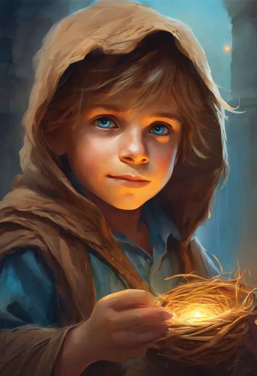 seven year old boy in ratty brown peasant clothes holding a piece of straw, dirty looking but with the brightest blue eyes, in slums, scare