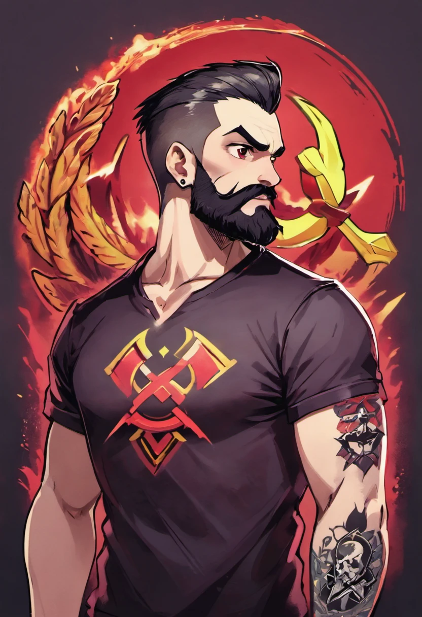 Homem de barba, com piercing no nariz, camisa preta manga curta, and tattoo on the neck with the symbol of the communist flag.