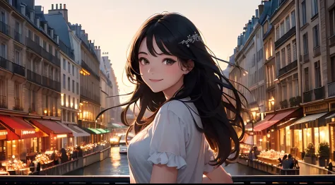 Masterpiece, topquality, Ultra-detailed, 8k drawing for the unity of computer graphics, The woman, looking directly at the observer, Summer theme, Enchanted and happy look, In the center of Paris, Smiling, with long black hair and cowboy style.