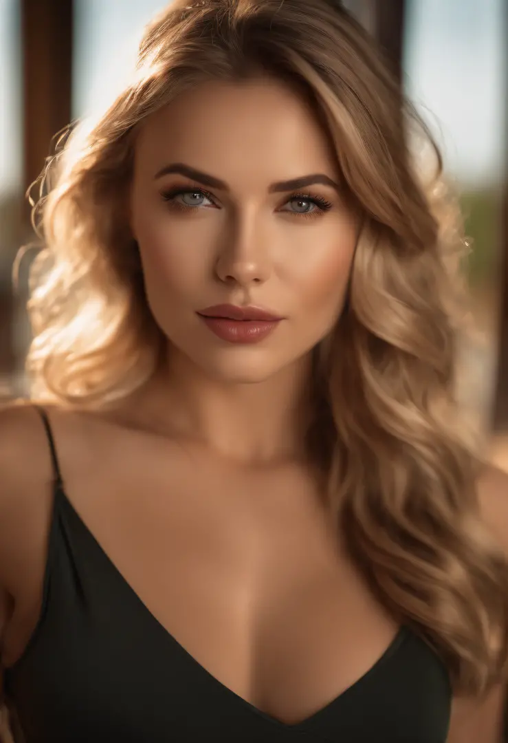 (8k, RAW photo, best quality, highres:1.2), (realistic, photo-realistic:1.37), 1girl, Scarlett,   lips, ((parted lips)), blande hair, light smile, seductive eyes,   (upper body:1.3), looking at viewer, beauty mark,  large breasts. cleavage,  
(eye focus, 1...