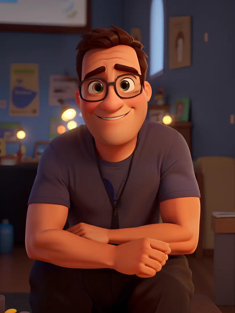 Poster no estilo Disney pixar, alta qualidade, melhor qualidade,anco, homem tirando uma foto de si mesmo no espelho, foto fit, em uma academia, malhar, imagem de perfil, cerca de 3 5 anos, em forma, de cor parda e olhos castanhos escuros